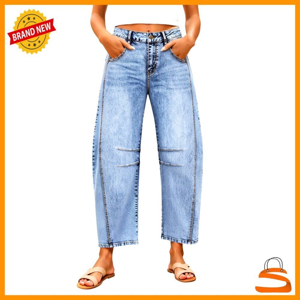High Waisted Wide Leg Barrel Jeans Stretchy Ankle Pants with Pockets